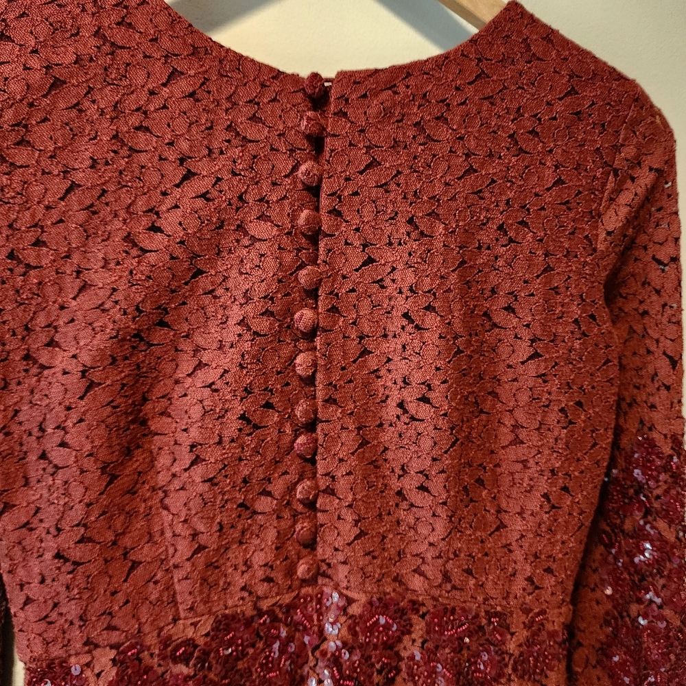 Manishii Rust/Ruby Sequin Embroidered Lace Anarka… - image 5